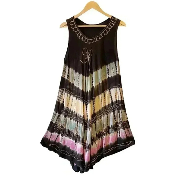 Summer Dress A-Line  Midi Length Tunic Umbrella Sundress Brown Pink Green Medium - Picture 3 of 16